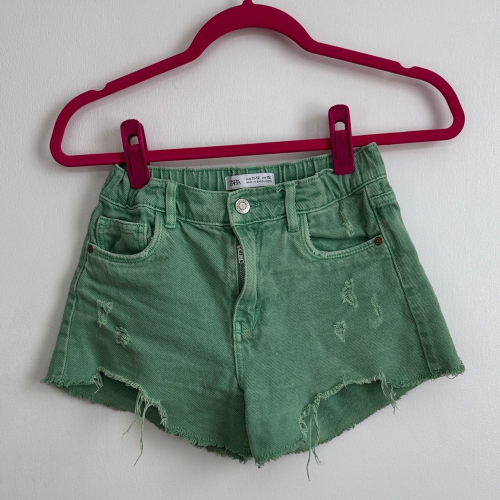 Zara Kids Mint Green Distressed Jean Shorts